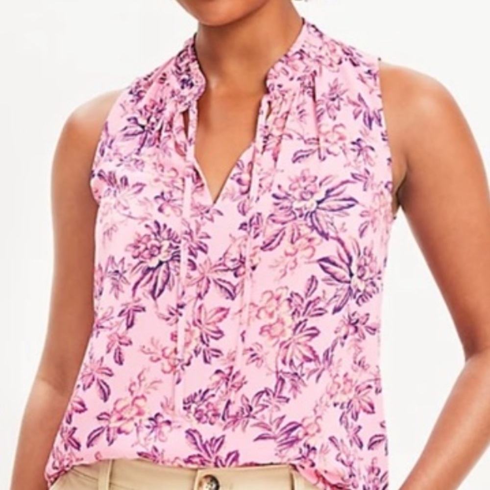 Loft Vine Shirred Tie Neck Mixed Media Shell in Floral, Shades of Pink, Size XL